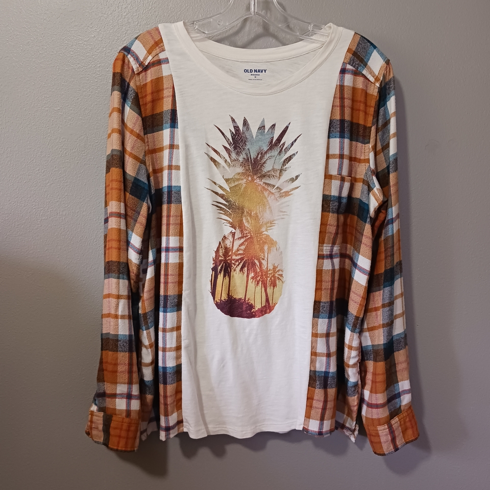 Upcycled Tropical Pineapple Graphic with Plaid Long Sleeve Shirt Orange White